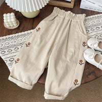 Children's Flower Embroidery Flower Bud Back Garden Western Style High Waist Pants