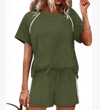 Womens Round-Neck Short-Sleeve Casual Shorts Two-Piece Set
