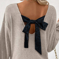 Contrast-color Satin Ribbon Bow Backless Drop-shoulder Long-sleeve Top