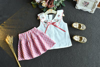 Sleeveless Embroidered Top Fashion Plaid Skirt Two-piece Set
