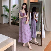 French-style Retro Lace V-neck Purple Floral Dress For Women