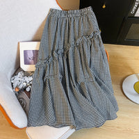 Summer Elastic Waist French Black And White Plaid Irregular A- Line Skirt