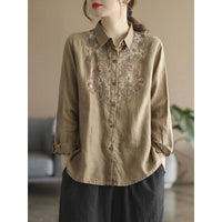 Womens Stylish, Loose-fitting Cotton-linen Long-sleeve Embroidered Shirt