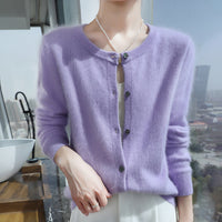 Womens Loose Button-up Solid-color Cropped Sweater With A Crew Neck