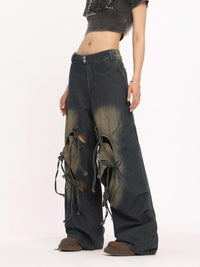 Ripped Love Lace-up Jeans Women's High Waist Straight Wide Leg Pants