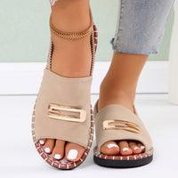 Womens Fabric Strap Flat Sandals With Elastic Band And Buckle