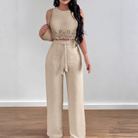 Solid-color Hollow-out Vest And High-waist Straight-leg Pants Set