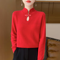Chinese Style Retro Buckle Stand Collar Sweater For Women