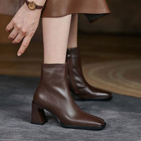 Womens Stylish Short Boots With A Square Toe And Chunky Heel Womens Fashion Boots With A Side Zipper Leather Boots
