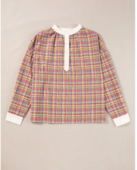 Colorblock Plaid Patchwork Henley Blouse