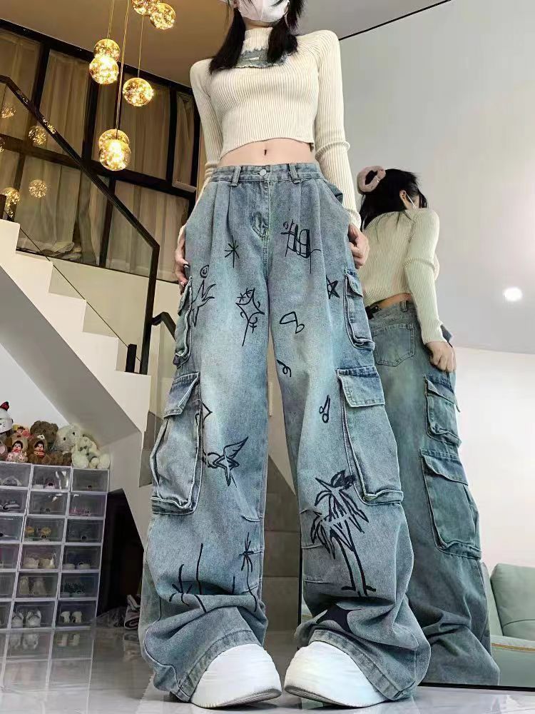 Retro Cartoon Graffiti Loose Denim Trousers Women