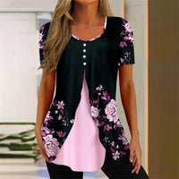 Summer New Women's Round Neck Printed Fake Two Pieces Short Sleeve Shawl Pullover T-shirt Tops