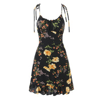 French-Style V-Neck Lace-Up Floral Print Dress For Women