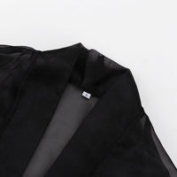 Black Sheer Puff Sleeve V-neck Tie-front Top