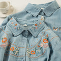 Embroidered Washed Denim Long-Sleeve Shirt Womens Single-Breasted Top
