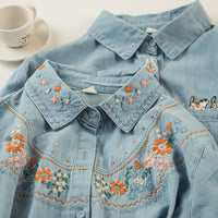 Embroidered Washed Denim Long-Sleeve Shirt Womens Single-Breasted Top