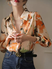Simulated Silk Loose-Fit Oil Painting Print Summer Long-Sleeve Shirt