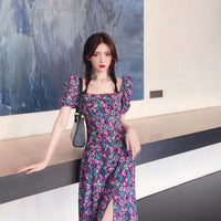 Summer Purple Puff-Sleeve Floral Dress For Women