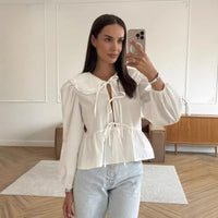 Stylish Work-appropriate White Lace-up Shirt Crafted From Premium Cotton Fabric