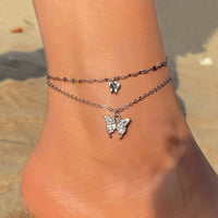 Personality Retro Love Butterfly Pearl Chain Multi-layer Anklet Set Of Ornaments