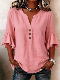 Solid-color V-neck Three-quarter-sleeve Ruffled Casual Cotton-linen Top