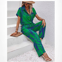 Womens Printed Short-Sleeve Shirt And Casual Pants Set