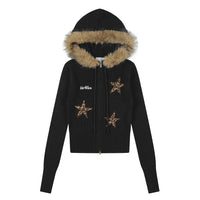 Womens Leopard-Print Star Embroidery Slimming Knitted Coat