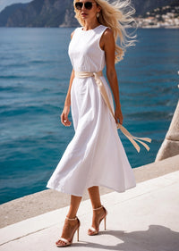 Solid Color Mid Length Dress With Waist Tie For Women