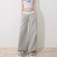 Womens High-waisted Straight-leg Pants With Lace Trim And Patchwork