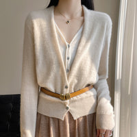 Pure Wool Women's Spring And Autumn V-neck Stitching Coat Knitted Top