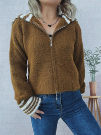 Simple Contrast Color Large Lapel Zipper Knitted Cardigan Loose Casual Sweater