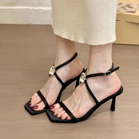 Niche Design High Heels Single Strap Sandals Fairy Style Shoes, 2026 Summer French Rhinestone Thin Strap Roman Sandals Match Dress