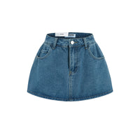 Retro Mid-low Waist Anti-exposure Denim A- Line Bubble Short Skirt