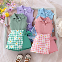 Girls' Fashion Plaid Stitching Shorts Suit