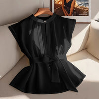 Classic Elegant Solid Color Sleeveless Belted Pleated Shirt