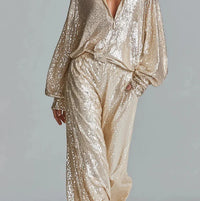 Party-Style Oversized Wide-Leg Champagne Gold Sequin Two-Piece Set