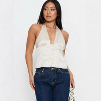 Solid-color Sexy Spaghetti-strap V-neck Halterneck Backless Cinched-waist Womens Outfit