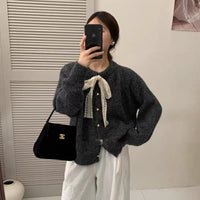 New Lace Lace-up Round Neck Heart Buckle Long Sleeve Plush Knitted Cardigan