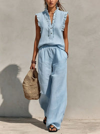 Sleeveless Ruffled V-neck Top And Elastic-waist Wide-leg Pants