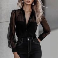 Black Sexy Elegant Mesh-Panel Blouse With A Sophisticated Vibe