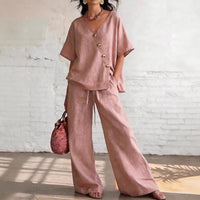 Casual Vacation Loose Cotton-Linen V-Neck Wide-Leg Pants Two-Piece Set