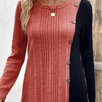Solid Color Round Neck Sunken Stripe Brushed Slit Contrast Color Fashion Buttons