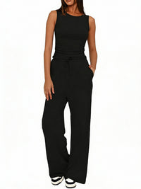 Sleeveless Crewneck Pleated Vest And High-waisted Wide-leg Pants Set