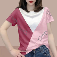 Color Matching Polo Collar Printed Rhinestones Short Sleeve Women's Top