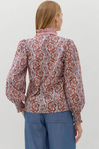 Women's Vintage Print Long Sleeve Loose Peter Pan Collar Blouse