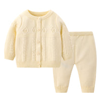 Girls' Solid Color Round Neck Cardigan Pants Suit