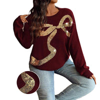Round Neck Bowknot Sequin Embroidery Elegant Sequined Plus Size Sweater