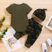 Short Sleeves For Baby And Infants Letter Romper Camouflage Pants Three-piece Set
