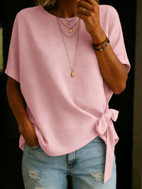 Womens Summer New Solid Color Short-Sleeve Loose T-Shirt With Knotted Hem