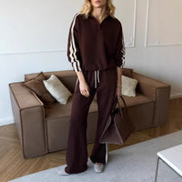 Womens Casual Home Wear Set Lace-trimmed Collar Long Sleeves And Tie-closure Pants